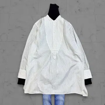 마카피 스트라이프 롱 셔츠 블라우스 튜닉 화이트 밴드 카라