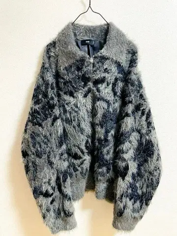 HARE MIX 얀 플라워 니트 블루종 그레이