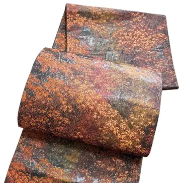 A 198 새상품급 후쿠로 오비 육통 무늬 금박 단풍 순수 실크 기모노