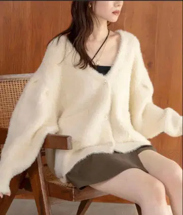 hinari 샤기 니트 가디건 아이보리