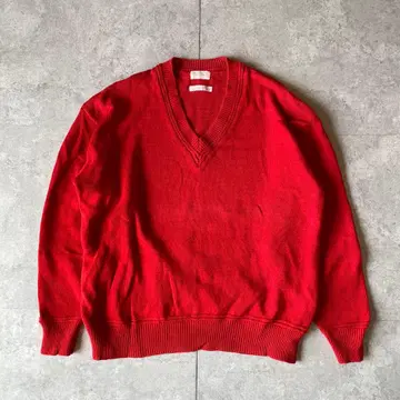 빈티지 빨간색 V넥 니트 코튼 아카이브 구제 의류 상의