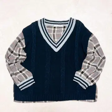 아즈노아즈 레이어드 체크 칠드런 니트 베스트 스쿨 F