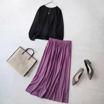 스미레 퍼플 그린 라벨 릴랙싱 개더 롱 스커트 허리밴딩 새상품급