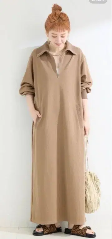 B.C STOCK 워셔블/테리모 하프 지퍼 롱 원피스 브라운