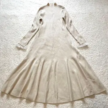 CELFORD 니트 원피스 긴팔 플레어 롱 레이스 아이보리