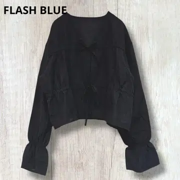 [ 플래시 블루 ] V넥 프릴 블라우스 가디건 마 혼방 블랙 M