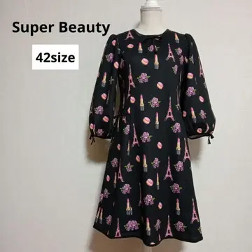 [ 새상품급 ] 슈퍼 뷰티 7부 소매 원피스 A라인 올 패턴 블랙 42