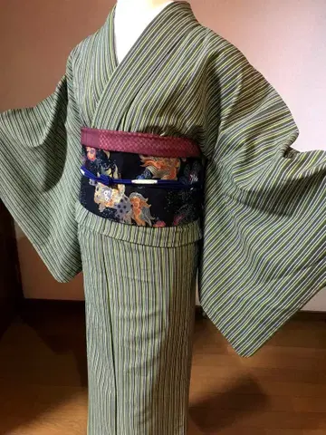 워셔블 기모노 말차 그린 계열 스트라이프 시부메 이키칸 일본제