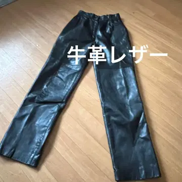 소가죽 가죽 개더 팬츠 하이웨스트 블랙