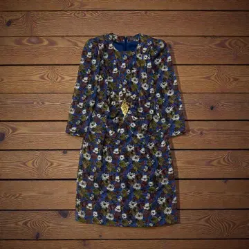 원피스 꽃무늬 레트로 블루 골드 장식 긴팔 안감 부착 고급스러운