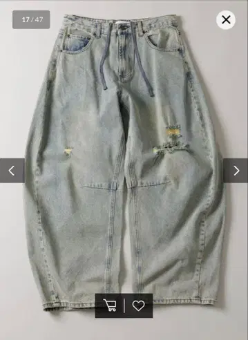 [ 즉시 구매 OK ] 와이드 실루엣 커브 데미지 가공 데님 팬츠