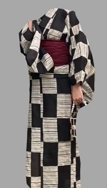 유카타 블랙 화이트 체크 무늬 유카타 오비 세트