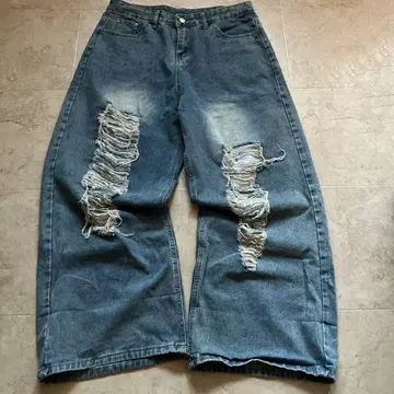 y2k / 크러쉬 데미지 와이드 플레어 데님/ 루즈/ 그런지 L