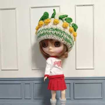 네오 브라이스용 핸드메이드 체리 니트 모자 (옐로우 컬러)