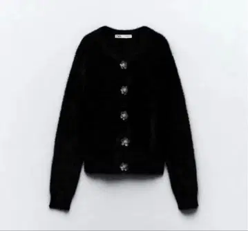 ZARA 블랙 인조 모피 니트 꽃 버튼