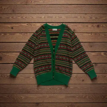 빈티지 노르딕 무늬 니트 가디건 그린/빨간색 긴팔 레트로 여성용