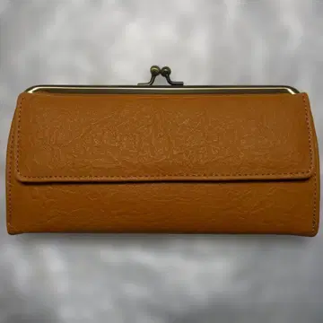 오렌지 머스타드 계통 가마구치 장지갑 미사용 새상품 주름 가공 인조 가죽