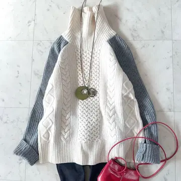 새상품급 에스트네이션 케이블 배색 하이넥 니트 터틀 캐시미어 혼방