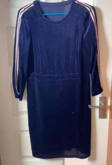 네이비 7부 소매 리브 미니 원피스