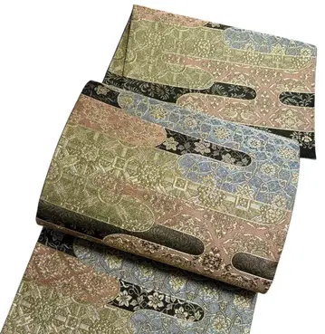 A 200 후쿠로 오비 육통 패턴 금실 당초 꽃 새 순수 실크 기모노