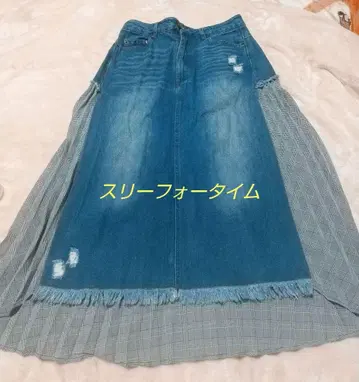 쓰리포타임 데님 체크 플레어 스커트