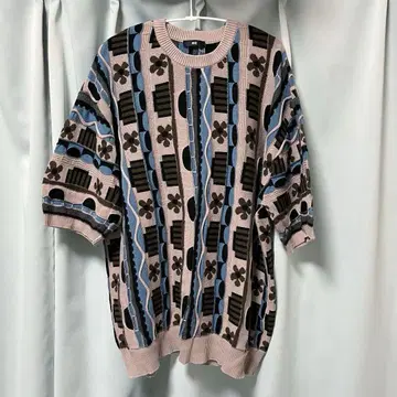 HARE 레트로 플라워 3D 니트 브라운 스카이블루 반팔