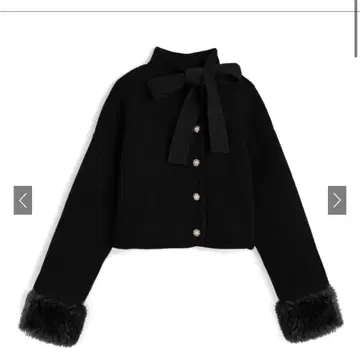 리본 펄 버튼 퍼 니트 가디건 GRL 블랙