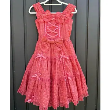 C1 엔젤릭 프리티 벨벳 오버롤 스커트 도트 리본 핑크