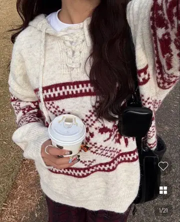 니트 노르딕 무늬 nugu 후드티 후드 부착