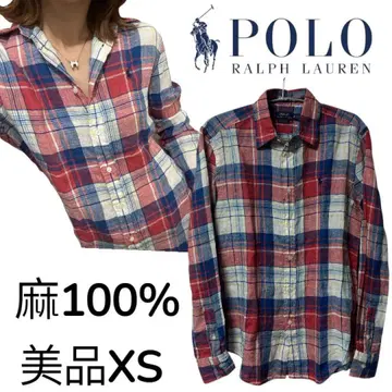 새상품급 랄프 로렌 린넨 긴팔 셔츠 체크 빨간색 네이비 XS 루즈핏