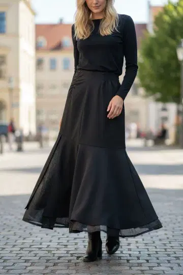 archives 블랙 플레어 스커트 레이어드 디자인