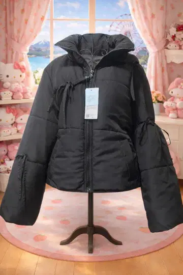 택 포함 새상품 빅 사이즈 L 블랙 퍼퍼 자켓 리본 포함 충전솜 관N