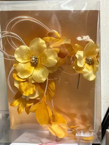 옐로우 컬러 꽃 머리 장식 일본 정통의상 소품