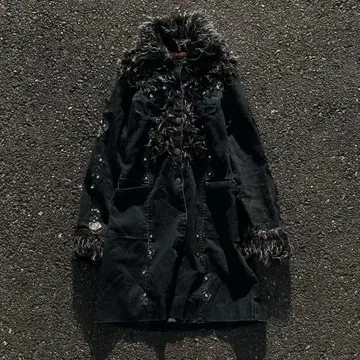 퍼 트리밍 블랙 데님 롱 코트 시크 스타일 그런지