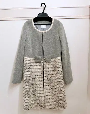 리본 포함 트위드풍 롱 코트