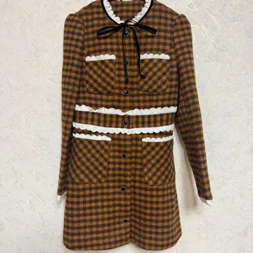 롱 코트 원피스 체크 레이스 리본