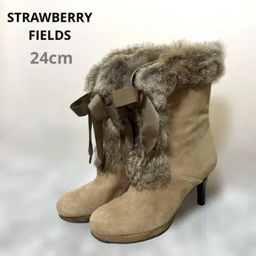 [ 스트로베리 필드 ] 하이힐 부츠 베이지 인조 모피 리본 24 일본제