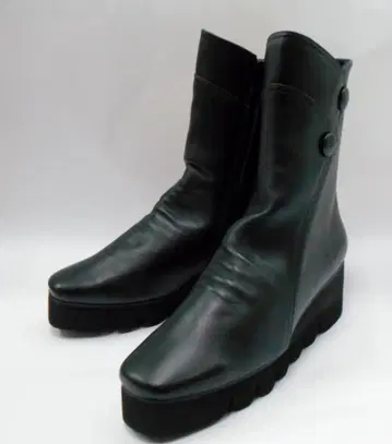 천연 가죽 통굽 웨지솔 숏부츠 블랙 22.5cm 3E