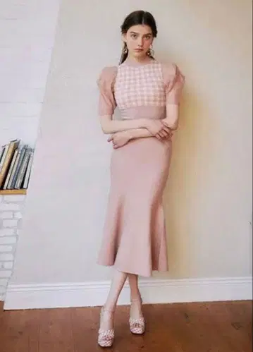 스프링 깅엄 머메이드 니트 원피스 핑크