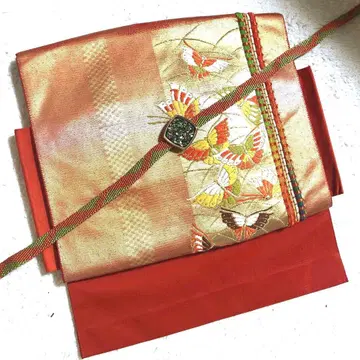 빈티지 순수 실크 니부시키 나고야 오비 주황 x 골드 화려한 나비