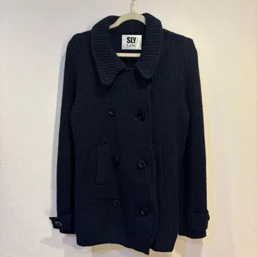 SLY LANG 네이비 더블 브레스트 니트 코트