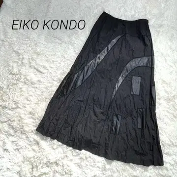에이코 콘도 롱 플레어 스커트 이소재 디자인 가죽 밴딩 가죽