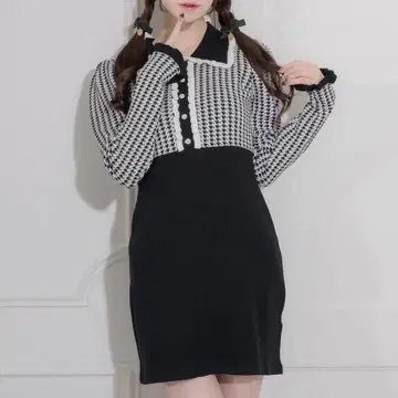 pium 피움 프릴 칼라 하운드투스 체크 패턴 니트 원피스