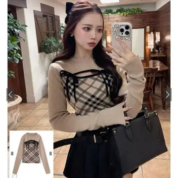 GRL 체크 무늬 프론트 오픈 리본 니트탑 [ ru1374 ]
