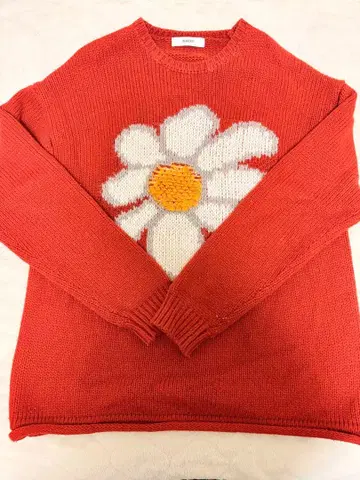 데이지 꽃 패턴 오렌지 니트 스웨터 L