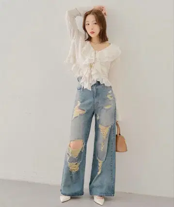 Chico 데미지 와이드 데님 팬츠 블루 size 0
