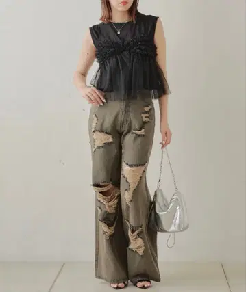 Chico 데미지 와이드 데님 팬츠 그레이 size 0