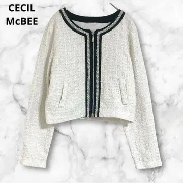 세실 맥비 화이트 트위드풍 노카라 자켓 M 긴팔 숏 기장