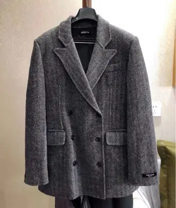 헤링본 무늬 더블 브레스트 자켓 울 수트 포멀 그레이 계열