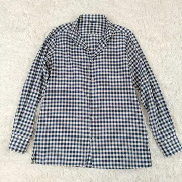 45R 코튼 깅엄 체크 라운드 칼라 셔츠 네이비